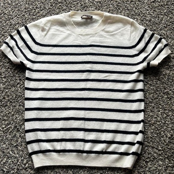 Quince Tops - Quince Mongolian Cashmere Striped Short Sleeve Sweater Ivory Black L STIEC01